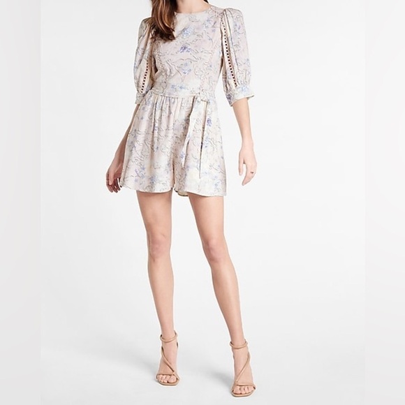 Express Floral Linen-Blend Puff Shoulder Tie Waist Romper Sz. M - Picture 3 of 15